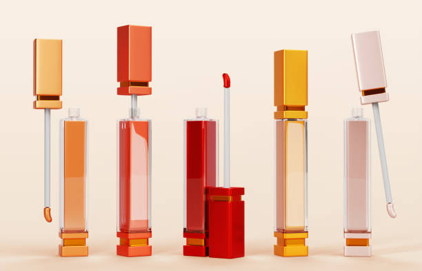 3d set of lip gloss, liquid lipstick tube mockup render in different angles. Lipgloss in gold, orange, red and nude clear packaging