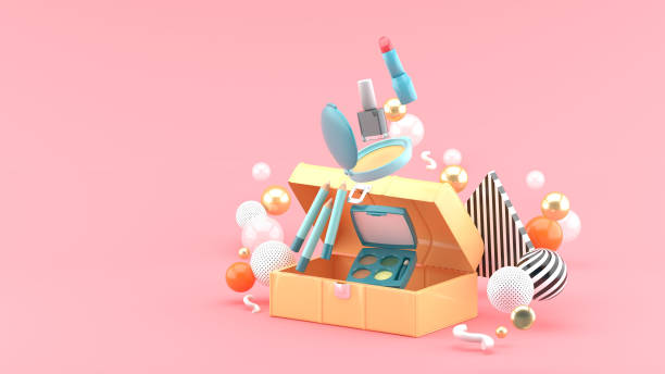 Cosmetics float out of the box surrounded by colorful balls on a pink background.-3d rendering.