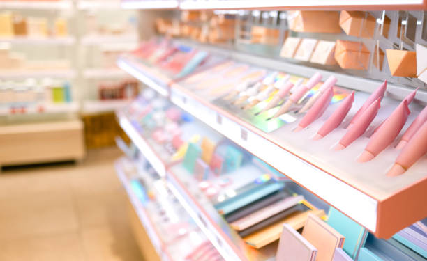 Shelves with makeup products in a cosmetics store indoor with make up products